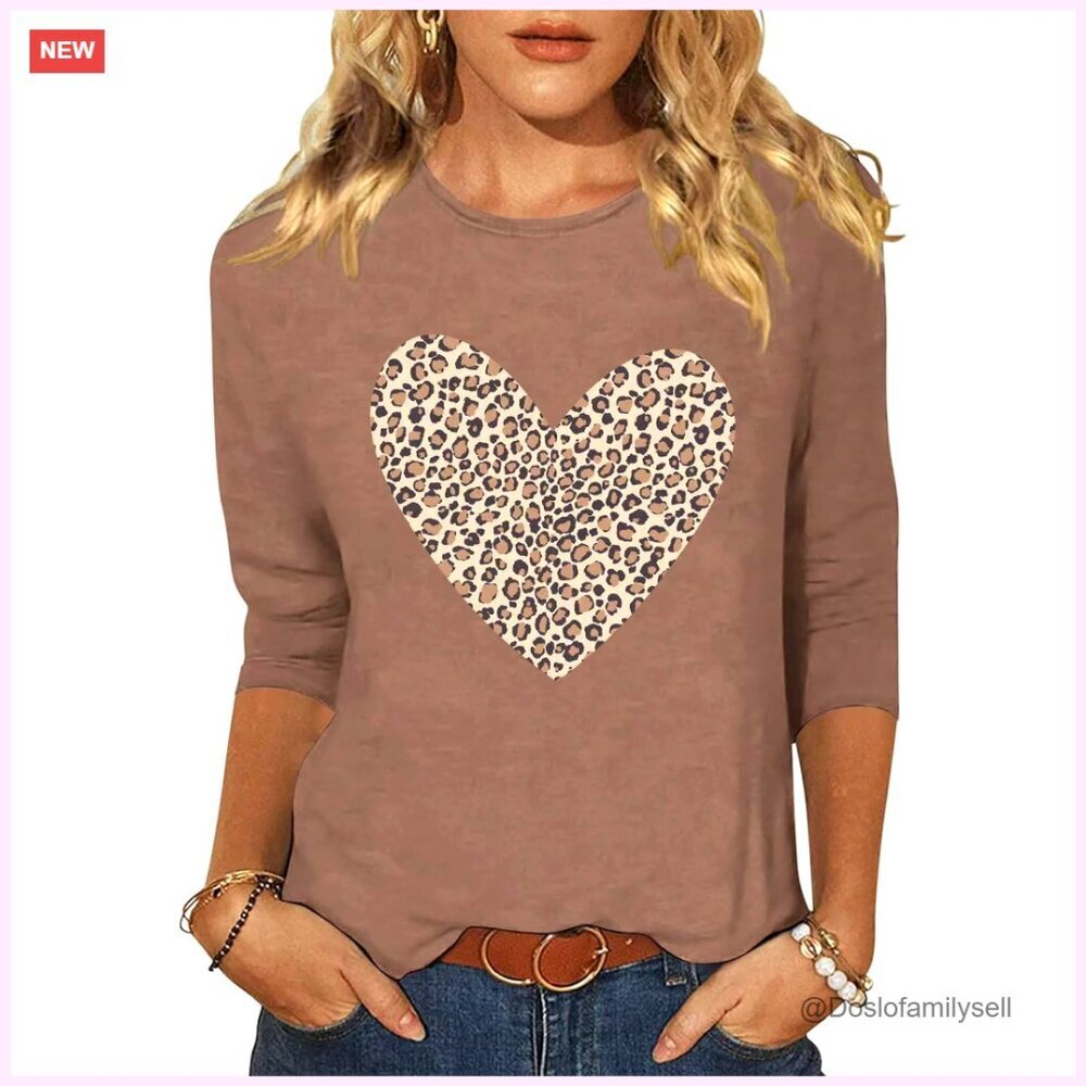 Valentine Graphic Tee 3/4 Sleeve Round Neck Casual Love Heart Top Blouse
